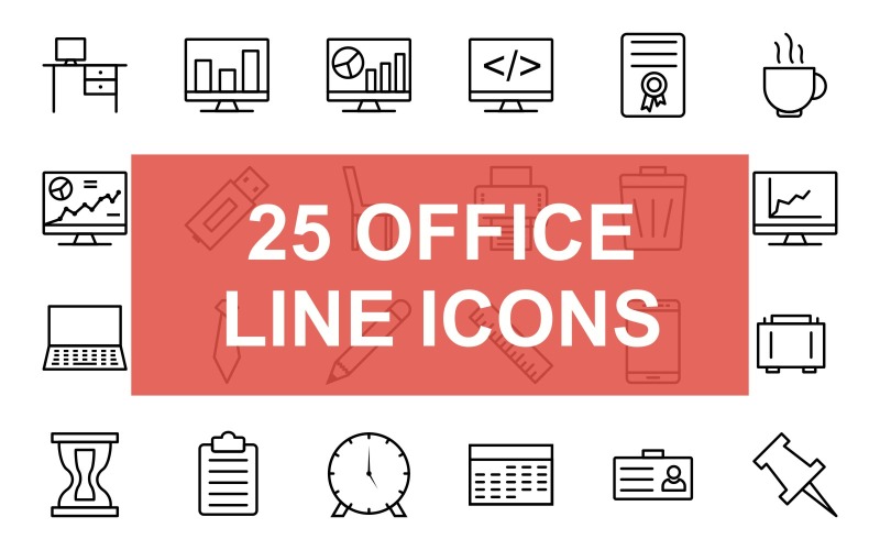 25 Office Line svart ikonuppsättning