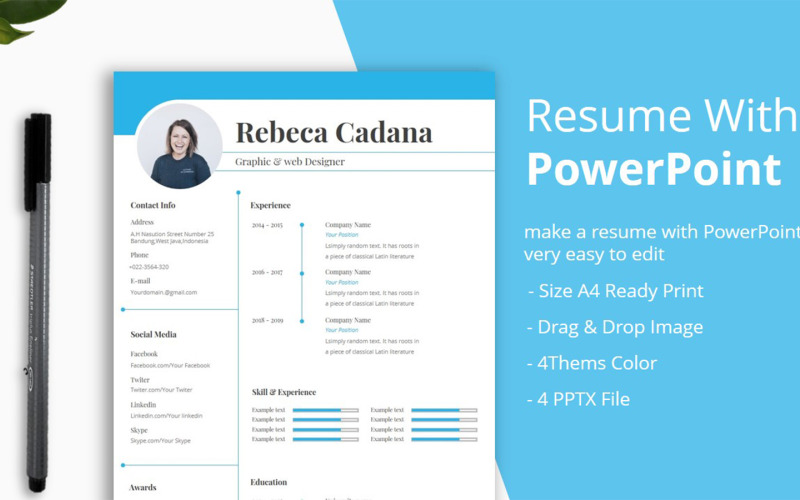 Download Резюме "Rebeca Resume Template" / Rebeca Resume Template - Резюме на тему графика a4,clean,cv,design,elegant,resume,feminine,infographic,letter,minimalist,modern,portfolio,professional,minimal,pages,word,template,powerpoint