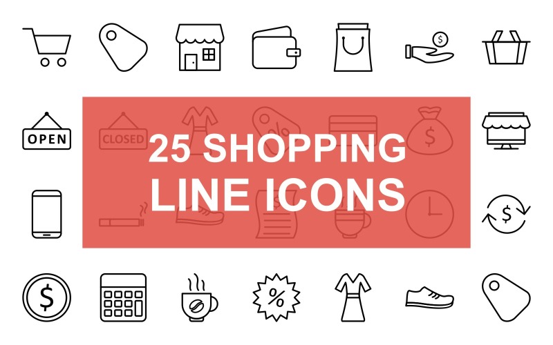 25 Shopping Line fekete ikonkészlet