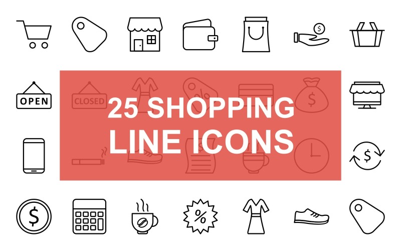 25 Shopping Line Svart Ikonuppsättning
