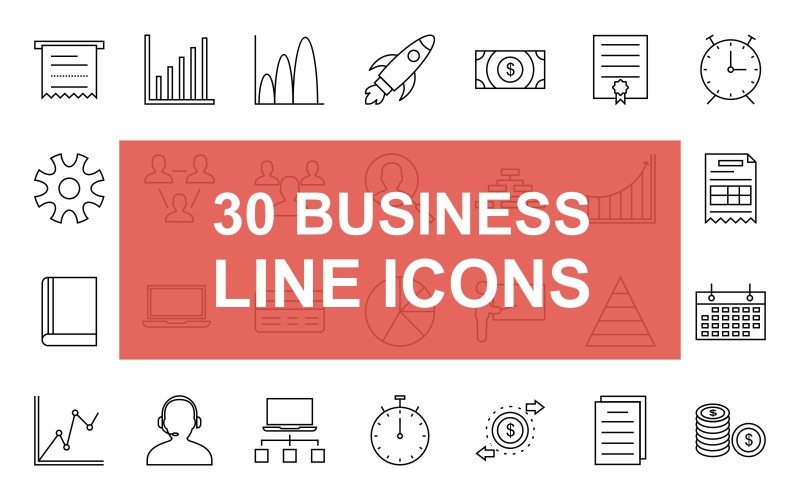 Download Набор иконок "30 Business Management Line Icon Set" / 30 Business Management Line Icon Set - Набор иконок на тему графика receipt,chart,graph,launch,cash,rocket,certificate,clock,coins,configuration,users,employees,flowchart,invoice,notebook,statistics,payment,pie,presentation,calendar
