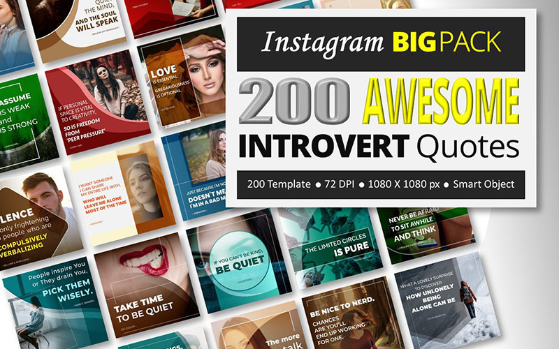 200 niesamowitych introwertycznych cytatów - szablon mediów społecznościowych BIG PACK na Instagramie