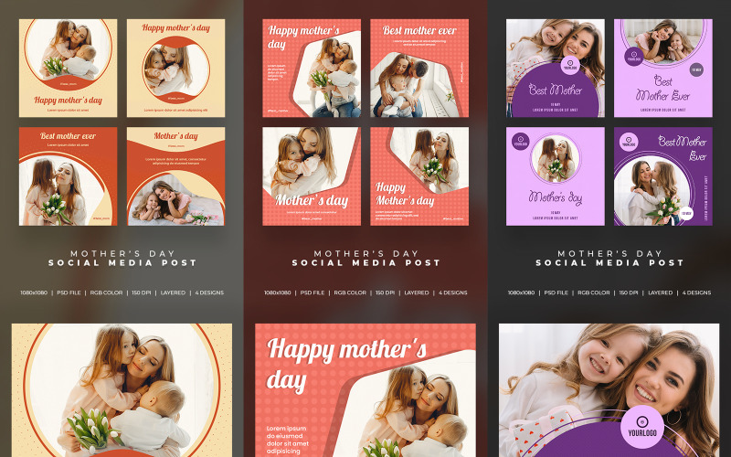 Download Шаблон для соцсетей "12 Post Mothers day Layout Set Social Media Template" / 12 Post Mothers day Layout Set Social Media Template - Шаблон для соцсетей на тему графика mother,mother&amp;#039;s,day,post,social,media,special,day,family,happy,mother&amp;#039;s,lady,love,poster,banner,greeting,instagram,mom