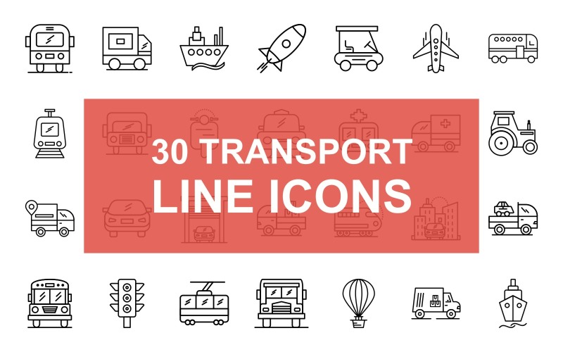Download Набор иконок "30 Transportation Line Icons Set" / 30 Transportation Line Icons Set - Набор иконок на тему графика bus,delivery,ship,rocket,plane,train,scooter,cab,ambulance,tractor,truck,van,car,cargo,bullet,signal,lift,air,baloon,transportation