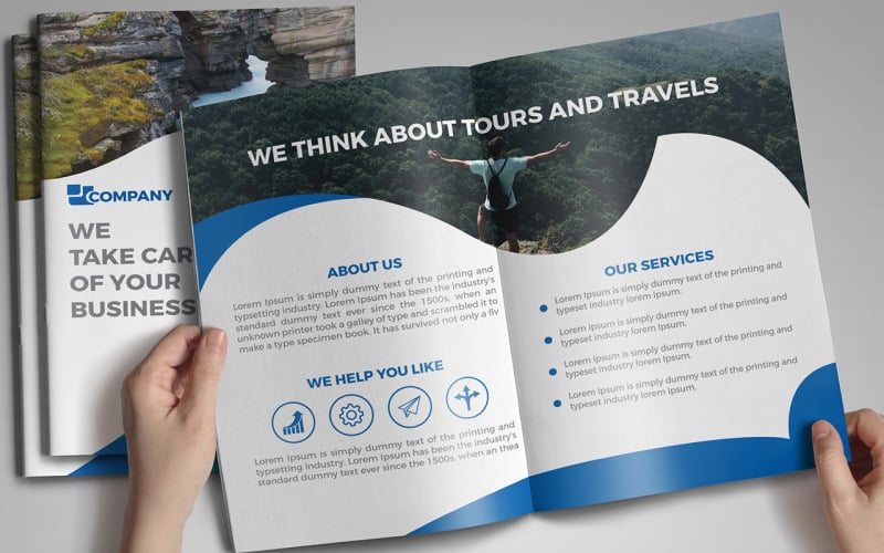 Download Фирменный стиль "Travel Bi-fold brochure design - Corporate Identity Template" / Travel Bi-fold brochure design - Corporate Identity Template - Фирменный стиль на тему графика brochure,fo-fold,graphics,abstract,booklet,brochure-design,brochure-template,business-brochure,company-profile,corporate,travel,blue