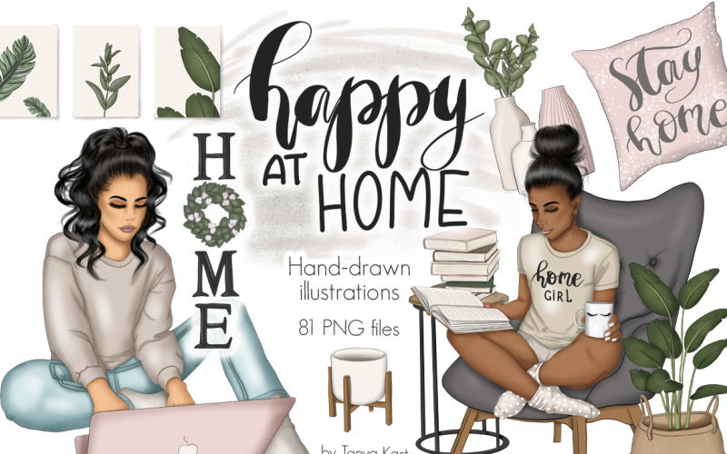 Download Иллюстрация "Happy At Home Clipart & Patterns - Illustration" / Happy At Home Clipart & Patterns - Illustration - Иллюстрация на тему графика stay,home,illustrator,lockout,working,girl,clipart,planner,fashion,illustration,reading,papers,surface,patterns,career,life,quarantine,wife,artwork,sticker