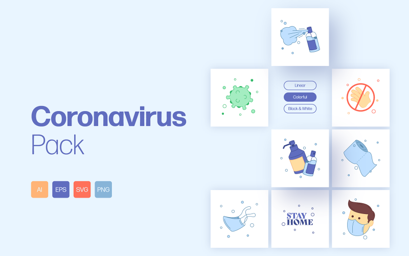 Download Иллюстрация "Coronavirus Pack - Illustration" / Coronavirus Pack - Illustration - Иллюстрация на тему графика coronavirus,virus,medicine,quarantine,mask,antiseptic,spray,bottle,face,hand,stay,home,covid,toilet,paper
