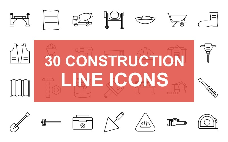 Download Набор иконок "30 Construction Line Icon Set" / 30 Construction Line Icon Set - Набор иконок на тему графика bridge,cement,bag,mixer,truck,mixing,tray,trolley,construction,boots,cone,jacket,worker,drill,handsaw,helmet,house,jack,hammer,measuring