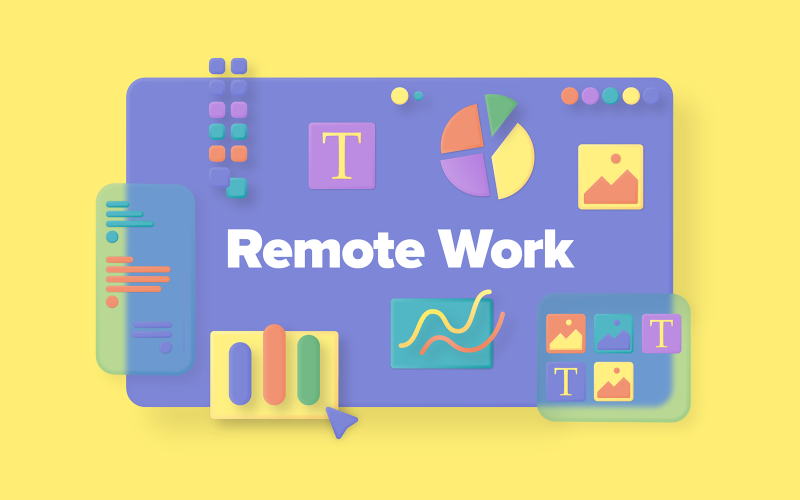 Download Иллюстрация "Remote Work - Illustration" / Remote Work - Illustration - Иллюстрация на тему графика remote,work,job,projects,outsource,ui,colorful,3d,set,pack,library,objects,chats,voices,collaboration,teamwork,file,sharing,video,conference
