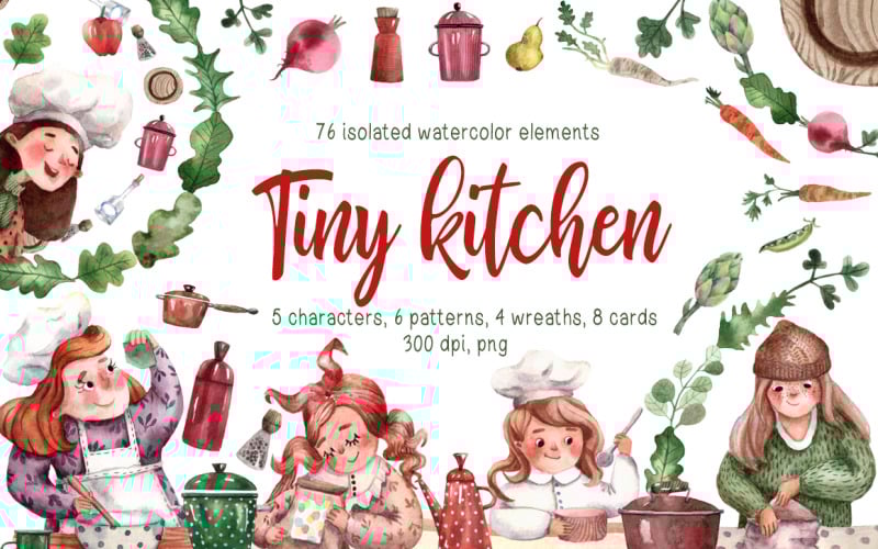 Download Иллюстрация "Tiny Kitchen - Watercolor Clip Art Set - Illustration" / Tiny Kitchen - Watercolor Clip Art Set - Illustration - Иллюстрация на тему графика watercolor,hand-drawn,clipart,constructor,set,pattern,seamless,character,woman,girl,food,kitchen,cook,cooking,kitchenware,fruit,vegetable,leaf,floral,wreath