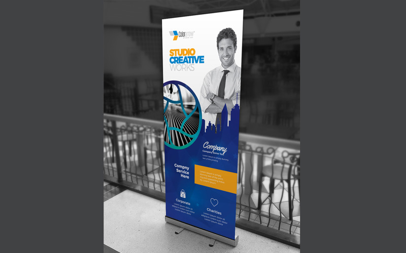 Download Фирменный стиль "Egyptian Blue Rollup Banner With Building Elements - Corporate Identity Template" / Egyptian Blue Rollup Banner With Building Elements - Corporate Identity Template - Фирменный стиль на тему графика rollup,roll-up,roll,up,outdoor,stand,advertisement,ads,advertise,promote,promotion,fashion,sale,offer,discount,corporate,service,product,banner,business
