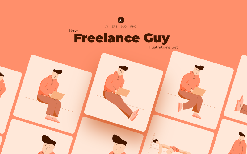 Download Иллюстрация "Freelance Guy Set - Illustration" / Freelance Guy Set - Illustration - Иллюстрация на тему графика character,design,illustrations,pack,set,freelance,guy,web,men,freelancer,project,work,ai,eps,png,svg