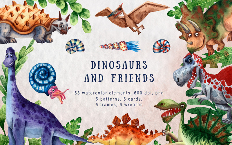 Download Иллюстрация "Dinosaurs and Friends - Watercolor Clip Art Set - Illustration" / Dinosaurs and Friends - Watercolor Clip Art Set - Illustration - Иллюстрация на тему графика watercolor,hand-drawn,clipart,pattern,seamless,dinosaur,ancient,fossil,egg,paleontology,prehistoric,diplodocus,pteranodon,triceratops,tiranosaur,spinosaurus,stegosaurus,shell,ammonite,floral