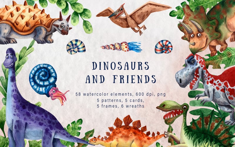 Dinoszauruszok és barátai - akvarell clip art készlet - illusztráció