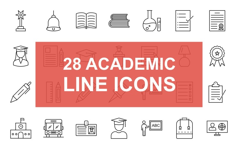 Download Набор иконок "28 Academic Line Black Icon Set" / 28 Academic Line Black Icon Set - Набор иконок на тему графика academic,award,bell,book,books,schooling,chemistry,lab,test,tick,correct,paper,diploma,events,female,student,forms,graduate,cap,guest