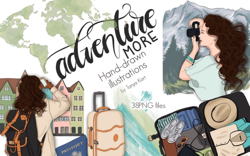 Download Иллюстрация "Adventure More Hand Drawn Design Kit - Illustration" / Adventure More Hand Drawn Design Kit - Illustration - Иллюстрация на тему графика adventure,stickers,blog,clipart,girls,travel,illustration,planning,summer,tourism,world,trip,map,explore,vacation,journey,pattern,paper,mountains,fashion
