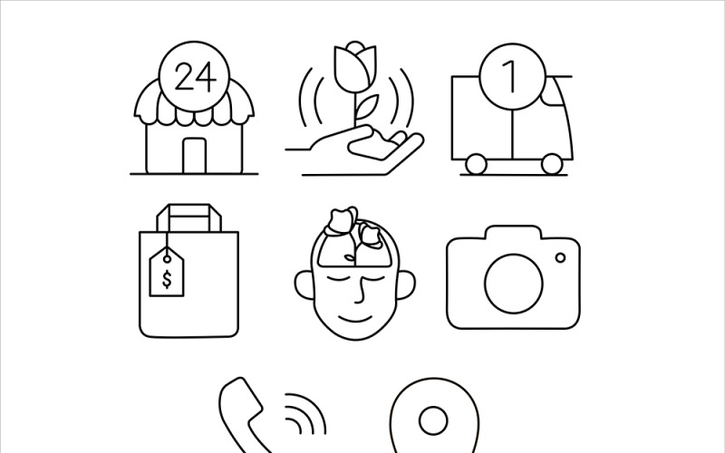 Download Набор иконок "Flower Shop Icon Set" / Flower Shop Icon Set - Набор иконок на тему графика bag,bouquet,camera,delivery,flat,floral,florist,flourish,flower,shop,icons,line,linear,mark,outline,phone,shopping,sign,store,telephone