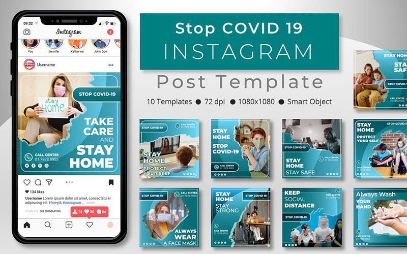 Download Шаблон для соцсетей "Stay Home Stop Covid19 - Instagram Post Template for Social Media" / Stay Home Stop Covid19 - Instagram Post Template for Social Media - Шаблон для соцсетей на тему графика social,media,template,socialmedia,instagram,post,instagrampost,instagramtemplate,story,instagramstory,creative,design,marketing,sale,covid19,corona,stayhome,coronavirus,stay,home