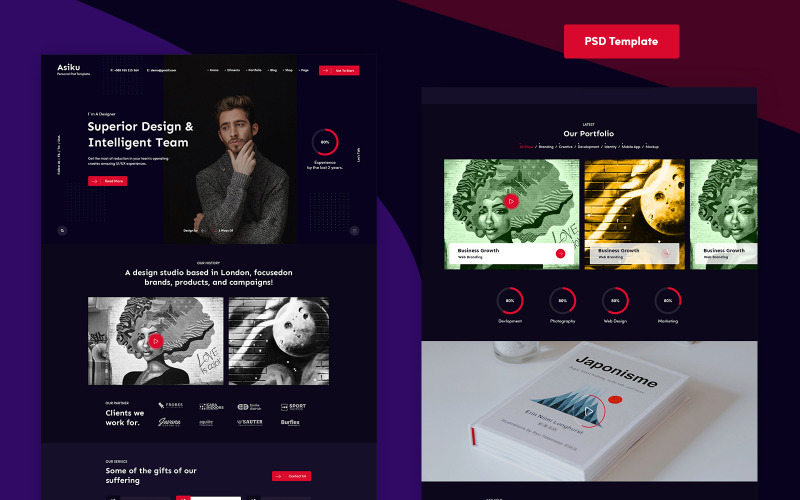 Download PSD шаблон "Asiku - Personal PSD Template" / Asiku - Personal PSD Template - PSD шаблон на тему персональная страница personal,gallery,cv,corporate,business,agency,creative,new,psd,clean,template,development,management,project,creative,painting,studio,training