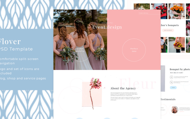 Download PSD шаблон "Flover - Flower Shop and Event Design PSD PSD Template" / Flover - Flower Shop and Event Design PSD PSD Template - PSD шаблон на тему цветочный магазин flower,anniversary,banquet,birthday,corporates,order,bouquet,buy,flowers,blog,florist,shop,delivery,event,cart,store,gentle,pink,blue,floral