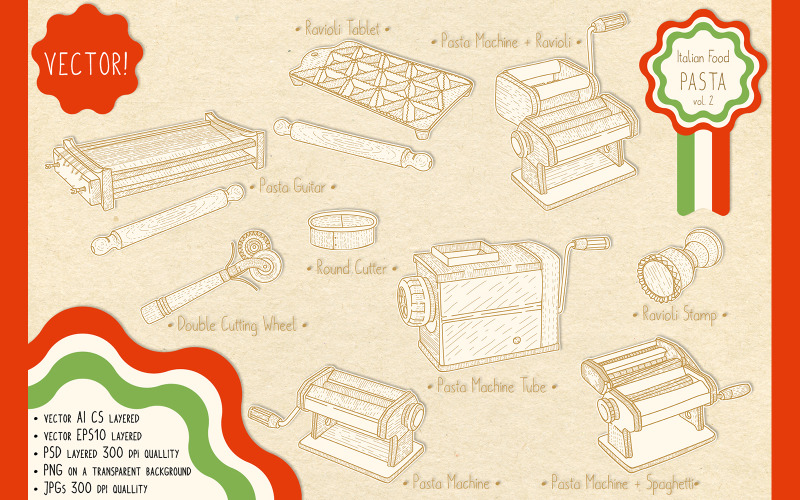 Download Иллюстрация "Italian Food. Pasta Makers - Illustration" / Italian Food. Pasta Makers - Illustration - Иллюстрация на тему графика pasta,machine,ravioli,tablet,cutter,item,maker,spaghetti,macaroni,home-made,recipe,mold,guitar,rolling,pin,cooking,culinary,home-cooking,italian,family