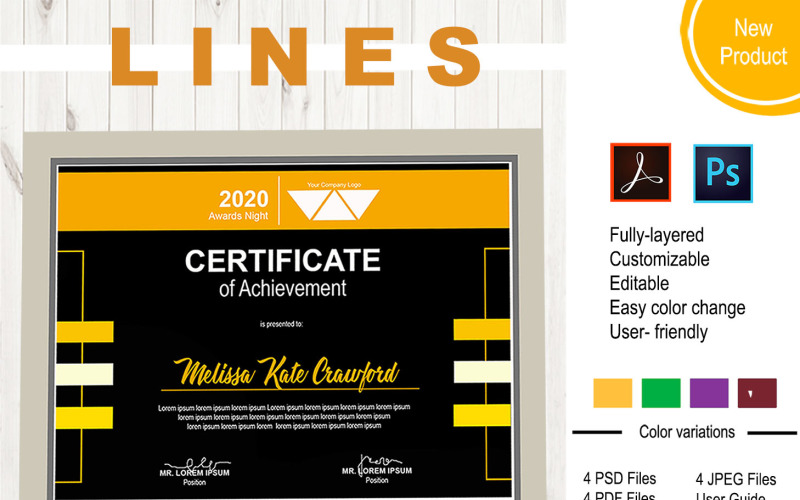 Download Шаблон сертификата "LINES Certificate Template" / LINES Certificate Template - Шаблон сертификата lines,completion,achievement,recognition,attendance,award,event,corporate,student,certificate,employee,participation,geometric,modern,professional,clean,black,gold,red,green