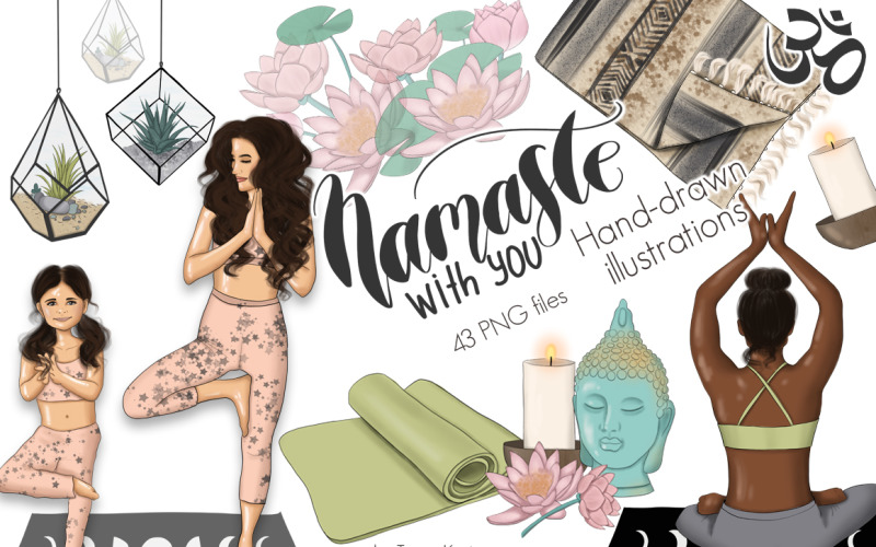 Download Иллюстрация "Namaste With You Clipart & Patterns - Illustration" / Namaste With You Clipart & Patterns - Illustration - Иллюстрация на тему графика namaste,yoga,meditation,mat,woman,girls,children,clipart,pattern,om,lotus,buddha,lettering,healthy,gym,sport,pose,fitness,illustration,fashion