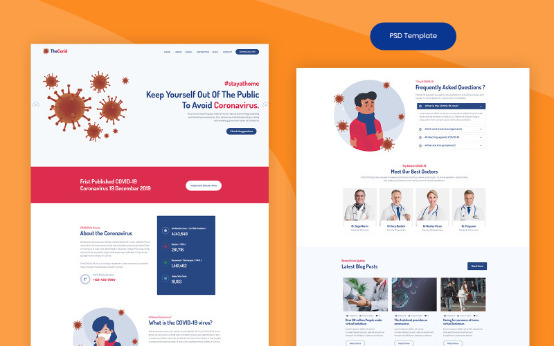 Download PSD шаблон "Thecorid - Corona Virus(Covid-19) PSD PSD Template" / Thecorid - Corona Virus(Covid-19) PSD PSD Template - PSD шаблон на тему медицина corona,virus,covid,covid19,corporate,business,agency,creative,new,psd,clean,template