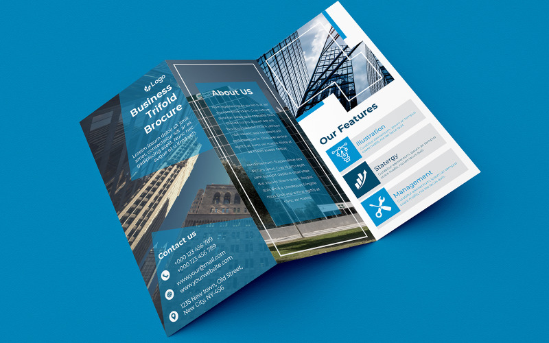 Download Фирменный стиль "Blue Trifold Brochure Design - Corporate Identity Template" / Blue Trifold Brochure Design - Corporate Identity Template - Фирменный стиль на тему графика brochure,publication,design,presentation,document,concept,template,trifold,promotion,leaflet,corporate,folder,print,marketing,creative,business,vector,company,tri-fold,blue