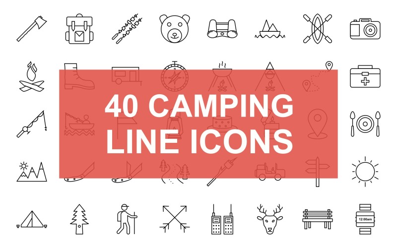 Download Набор иконок "40 Camping Line Black Icon Set" / 40 Camping Line Black Icon Set - Набор иконок на тему графика camping,axe,bag,pack,barbeque,bear,binoculars,boat,camera,camp,fire,boot,trailer,compass,cooking,food,distance,first,aid,fishing