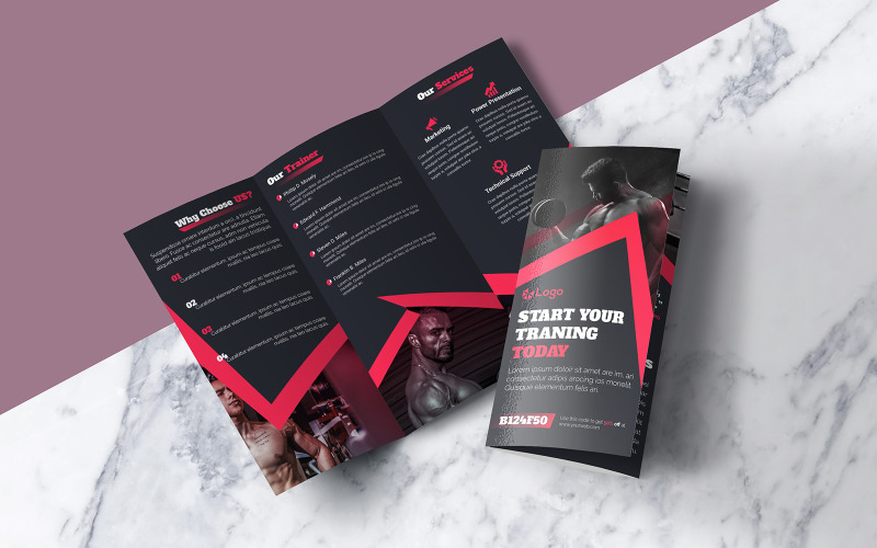 Download Фирменный стиль "Gym/Fitness Trifold Brochure Design - Corporate Identity Template" / Gym/Fitness Trifold Brochure Design - Corporate Identity Template - Фирменный стиль на тему графика brochure,publication,design,presentation,document,concept,template,trifold,promotion,leaflet,corporate,folder,print,creative,vector,company,tri-fold,gym,fitness,health