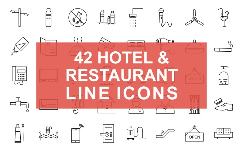 Download Набор иконок "42 Hotel & Restaurant Line Black Icon Set" / 42 Hotel & Restaurant Line Black Icon Set - Набор иконок на тему графика hotel,&amp;amp;,restaurant,direction,cctv,camera,closed,tag,tooth,brush,past,two,seats,atm,machine,fax,tea,cup,water,bottle