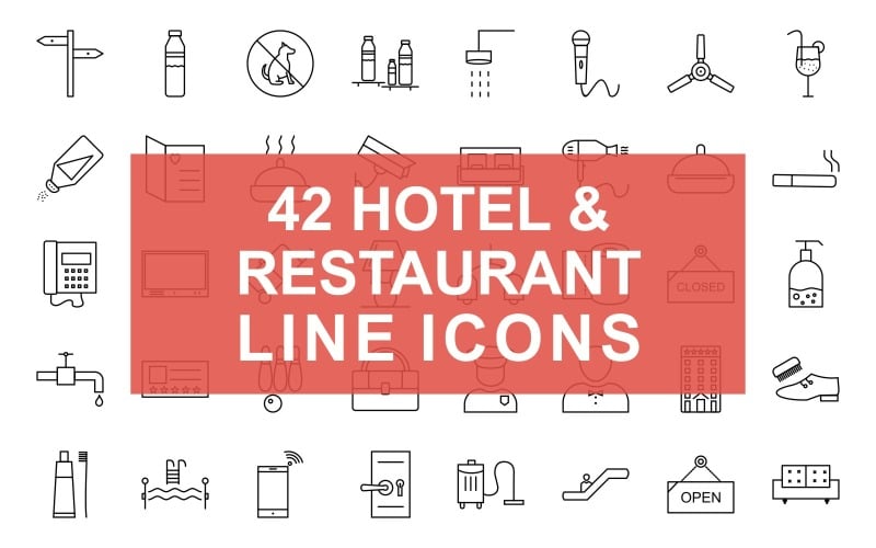 42 Hotel & Restaurant Line Siyah İkon Seti