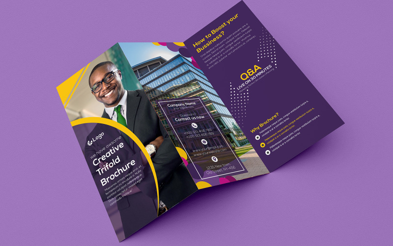Kreativ mörk purpur trippel broschyrdesign - mall för företagsidentitet