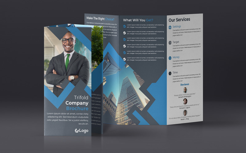 Niebieski projekt broszury trifold - szablon tożsamości korporacyjnej