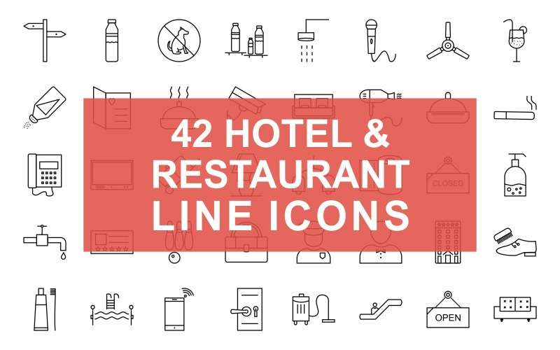 42 Set di icone nere linea hotel e ristorante