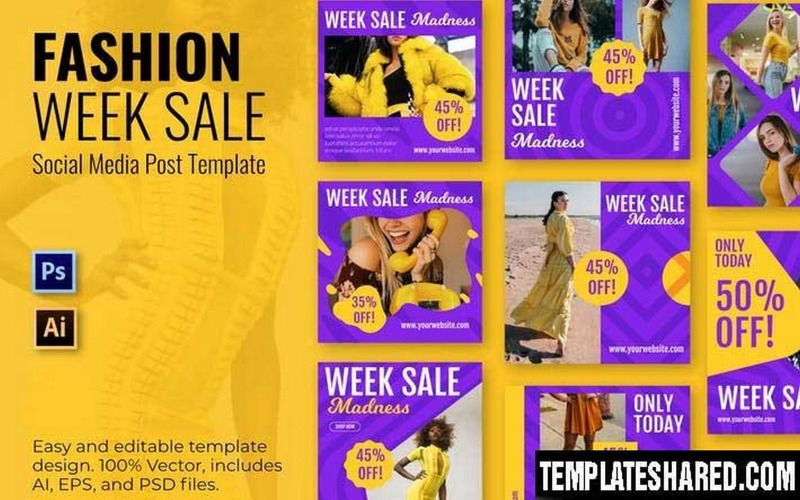 Download Шаблон для соцсетей "Fashion Week Posts Yellow Social Media Template" / Fashion Week Posts Yellow Social Media Template - Шаблон для соцсетей на тему графика social,technology,connection,internet,online,media,web,network,tech,image,business,abstract,cyber,businessman,background,fashion,medial,post,sale,product