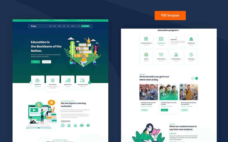 Download PSD шаблон "Tuto - Education PSD PSD Template" / Tuto - Education PSD PSD Template - PSD шаблон на тему библиотека study,courses,education,event,learning,school,studying,university
