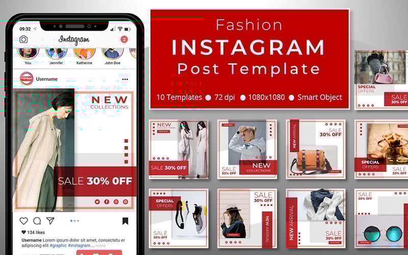 Download Шаблон для соцсетей "10 Unique Fashion Promotional - Instagram Post Template for Social Media" / 10 Unique Fashion Promotional - Instagram Post Template for Social Media - Шаблон для соцсетей на тему графика social,media,template,socialmedia,instagram,post,instagrampost,instagramtemplate,story,instagramstory,creative,design,marketing,sale,discount,red,white
