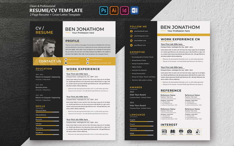Download Резюме "Modarn and Creative Ben Jonathom Resume Template" / Modarn and Creative Ben Jonathom Resume Template - Резюме на тему графика 2,page,resume,a4,bundle,classic,clean,cv,cover,letter,job,minimalist,download,layout,template,word,simple,application,student,objective
