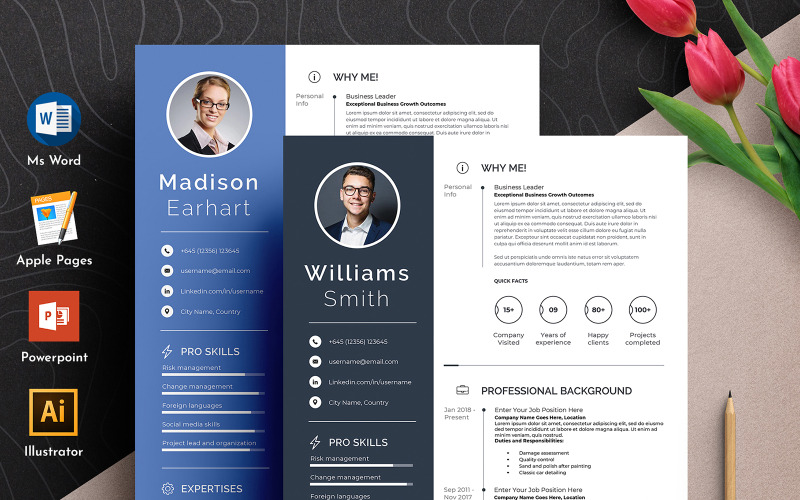 Modelo de currículo de Cv editável limpo e profissional Word Apple Pages