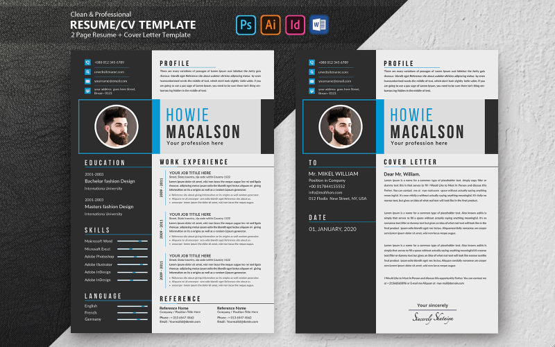 Download Резюме "Howie Macalson Creative Resume Template" / Howie Macalson Creative Resume Template - Резюме на тему графика 2,page,resume,a4,bundle,classic,clean,cv,cover,letter,job,minimalist,download,layout,template,word,simple,application,student,objective