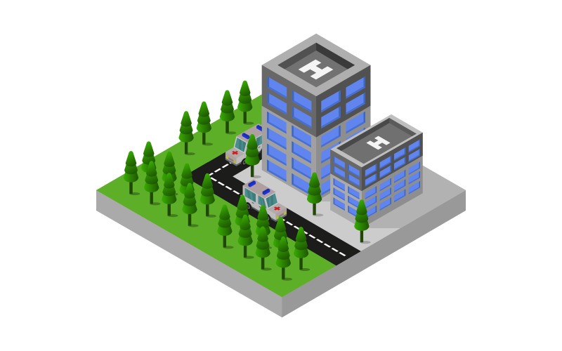 Download Vector "Isometric Hospital - Vector Image" / Isometric Hospital - Vector Image - Vector на тему графика clinic,illustration,paramedic,service,health,rescue,map,hospital,vector,design,street,urgency,vehicle,icon,exterior,city,ambulance,isometric,town,3d