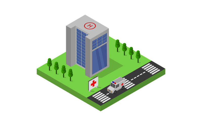 Download Vector "Isometric Hospital on White Background - Vector Image" / Isometric Hospital on White Background - Vector Image - Vector на тему графика clinic,illustration,paramedic,service,health,rescue,map,hospital,vector,design,street,urgency,vehicle,icon,exterior,city,ambulance,isometric,town,3d