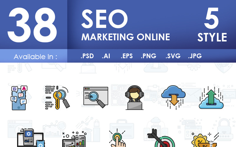 38 SEO маркетинг в Інтернеті | ColorandOutlines Vol.1 Набір іконок