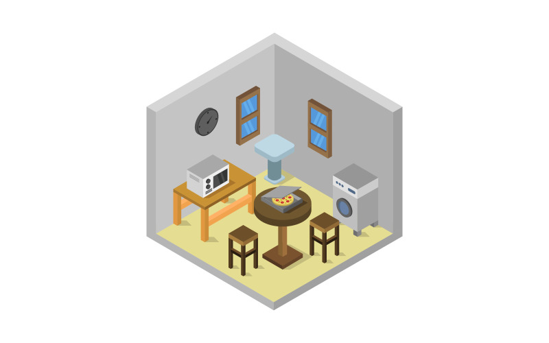 Download Vector "Isometric Kitchen Room - Vector Image" / Isometric Kitchen Room - Vector Image - Vector на тему графика cutaway,room,oven,architecture,table,kitchen,vector,stove,isometric,sink,furniture,cross-section,low,poly,plan,3d,fridge,infographic,apartment,wall