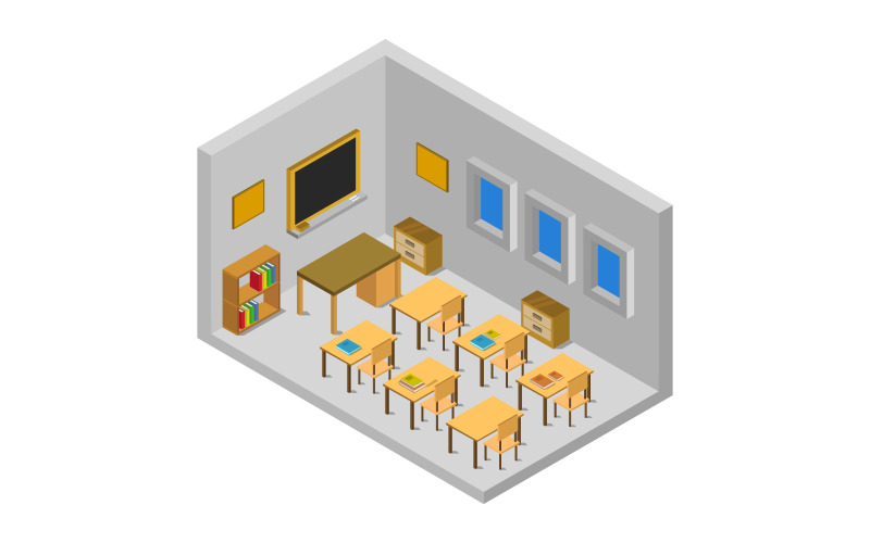 Download Vector "Isometric School Room - Vector Image" / Isometric School Room - Vector Image - Vector на тему графика chalkboard,illustration,room,chair,table,class,vector,lecture,design,interior,university,student,study,blackboard,desk,lesson,isometric,school,inside,education