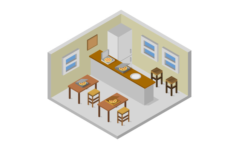 Download Vector "Isometric Pizza Room on a white background - Vector Image" / Isometric Pizza Room on a white background - Vector Image - Vector на тему графика home,pizza,wall,illustration,room,living,vector,interior,isolated,indoor,isometric,decoration,furniture,3d,cook,kitchen,culinary,board,meat,coffee