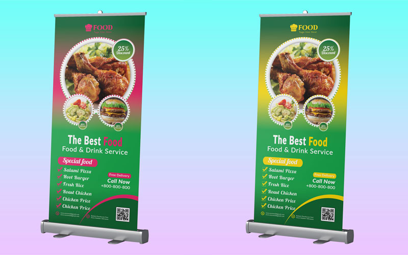 Download Фирменный стиль "Restaurant Roll up Banner Design - Corporate Identity Template" / Restaurant Roll up Banner Design - Corporate Identity Template - Фирменный стиль на тему графика fast,food,roll,up,signage,product,banner,foods,graphic,design,magazine,modern,brochure,red,blue,green,restaurant,small,business,template