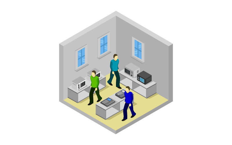 Download Vector "Isometric electronics store on white background - Vector Image" / Isometric electronics store on white background - Vector Image - Vector на тему графика illustration,room,people,technology,store,isometric,business,isometry,vector,design,flat,3d,icon,concept,gadget,shop,buying,help,techno,laptops